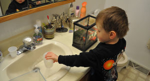 Ethan manually removing 50% of his aquarium water.