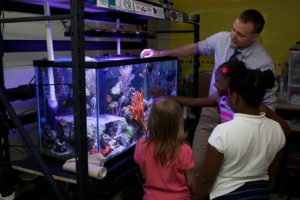 A male teacher in shirt and tie is talking to three female third grade students. They are clustered around a 90 gallon coral reef tank. The tank is designed to be accessed by children.