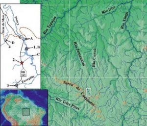 Map of the region west of Rio Xingu in a remote area of Brazil.