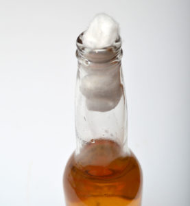 2. Fill the bottle to the neck. 3. Add cotton balls to neck and push down until the hit the surface of the vinegar and expand.
