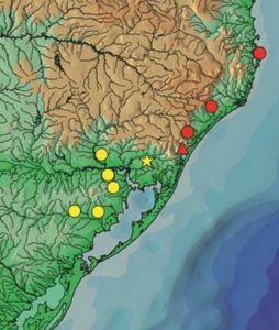 Map of northern Rio Grande do Sul State and southern Santa Catarina State, Brazil, showing the distribution of Scleromystax reisi in the laguna dos Patos drainage (yellow symbols; star = type locality) and the distribution of S. salmacis (red symbols; triangle = first record to the rio Tramandaí drainage). CC BY 4.0