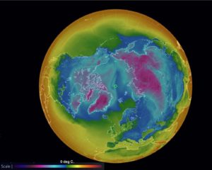 Figure 1a. Globe showing temperatures, centered on the North Pole (= small green circle at 90.0° N, 0.00° E). The temperatures indicated are for 2 PM UTC on 23 December, 2016. The temperature at a buoy about 90 miles from the North Pole registered a temperature of -4.0 °C (24.8 °F).