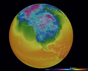 Figure 1b. Globe showing temperatures, centered on Wilsall, Montana, where I am writing this essay (= small green circle at 45.99° N, 110.66°W ). The temperatures indicated are for 3 PM UTC on 23 December, 2016, roughly one hour after the data in the North Pole illustration were gathered. The temperature at my weather station registered a temperature of -19.3 °C (-3.1°F)