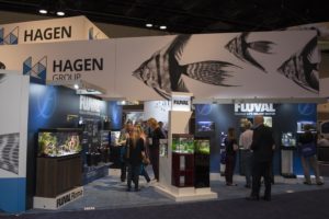 Hagen Group's expansive booth featuring Fluval Aquatics' aquariums and gear