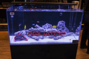 Aquatop's booth prominently featured their new Recife all-in-one reef aquarium setup