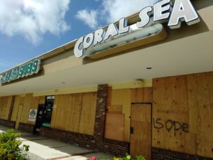 Local fish shop Coral Sea Aquarium in West Palm Beach, FL, bordered up, where brand new owner James Wood camped out for days in the aftermath of Hurricane Irma. Learn more about their story, and may others, below.