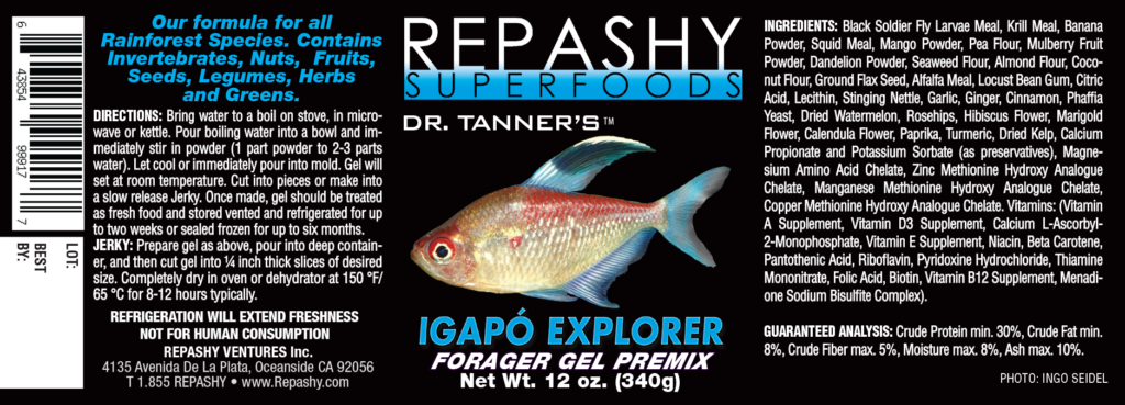 Check out the full product label including ingredients and instructions for the new Igapó Explorer gel-based aquarium fish diet.