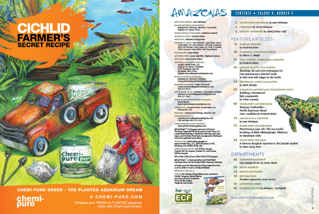 The Table of Contents for the July/August 2019 issue of AMAZONAS Magazine. <a href="https://www.reef2rainforest.com/2019/06/02/amazonas-magazine-table-of-contents-july-august-2019/" target="_blank" rel="noopener noreferrer">You can view this TOC online!</a>