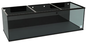 A MEGA Matrix 450 gallon aquarium by Planet Aquariums with black background, black silicone and external overflows.