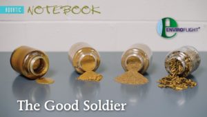 EnviroProducts™ made from the Black Soldier Fly (left to right): oil, meal, frass, and dried larvae. Frass, the waste product, is used for natural fertilizer